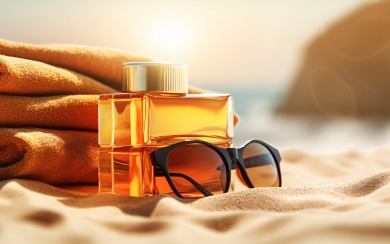 Pile de serviettes, lunettes de soleil et bouteille d'huile de bronzage 095