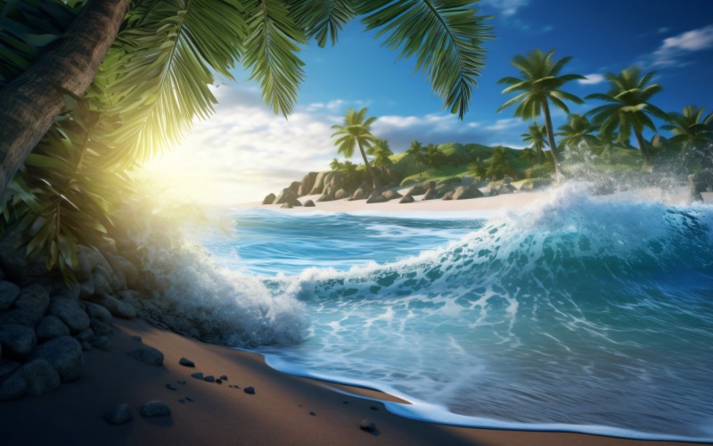 Scène de plage vagues surf avec océan bleu mer île 047
