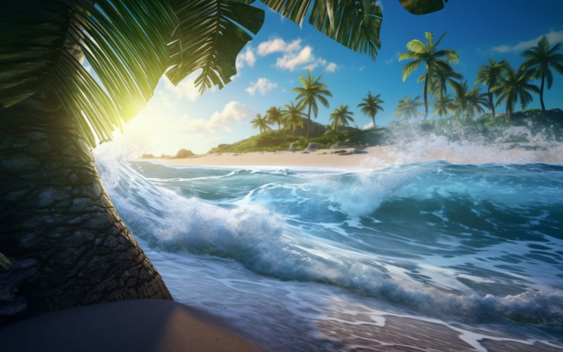 Scène de plage vagues surf avec océan bleu mer île 053
