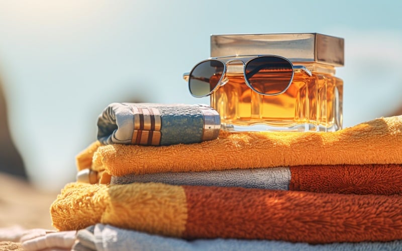 Pila de toallas, gafas de sol y botella de aceite bronceador 098