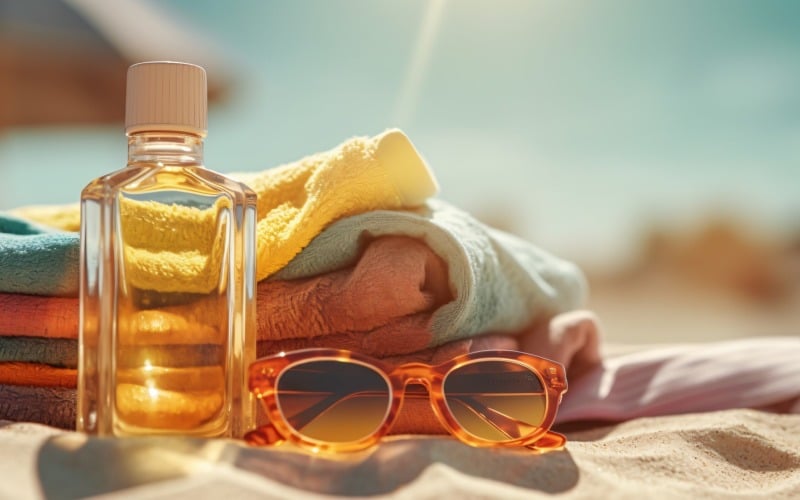 Stapel handdoeken, zonnebril en fles zonnebrandolie 100
