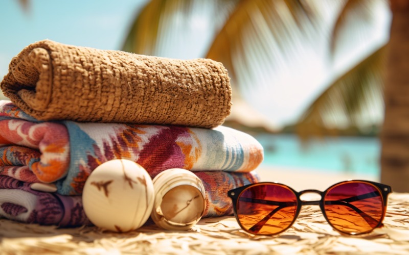 Stack of towels, sunglasses and tanning oil bottle 102