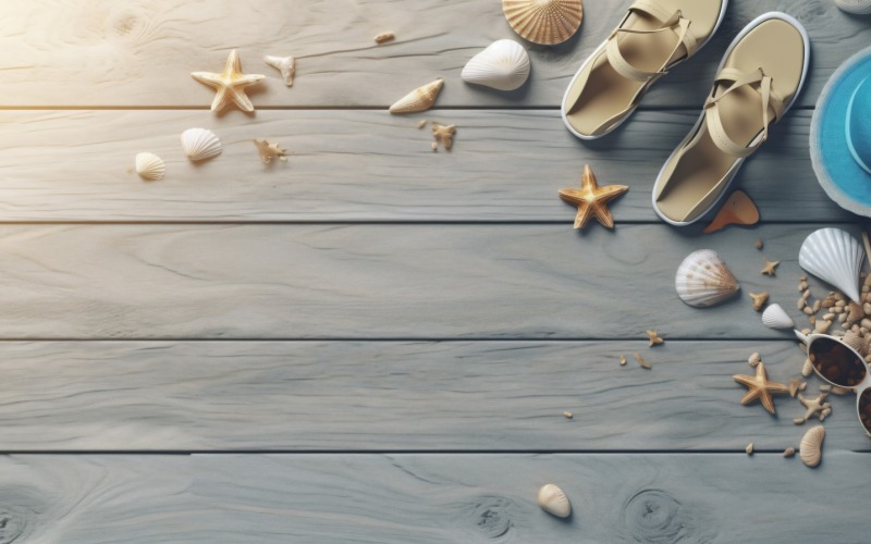 Accessoires de plage étoile de mer et coquillage sur fond en bois 205