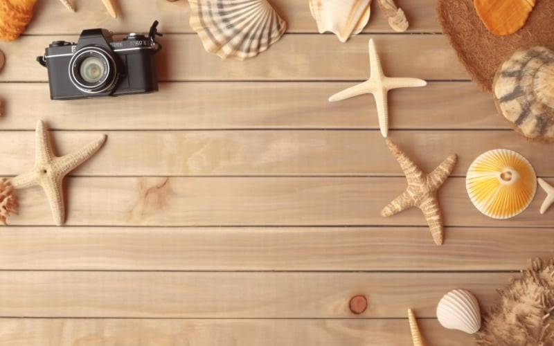Accessoires de plage étoile de mer et coquillage sur fond en bois 207