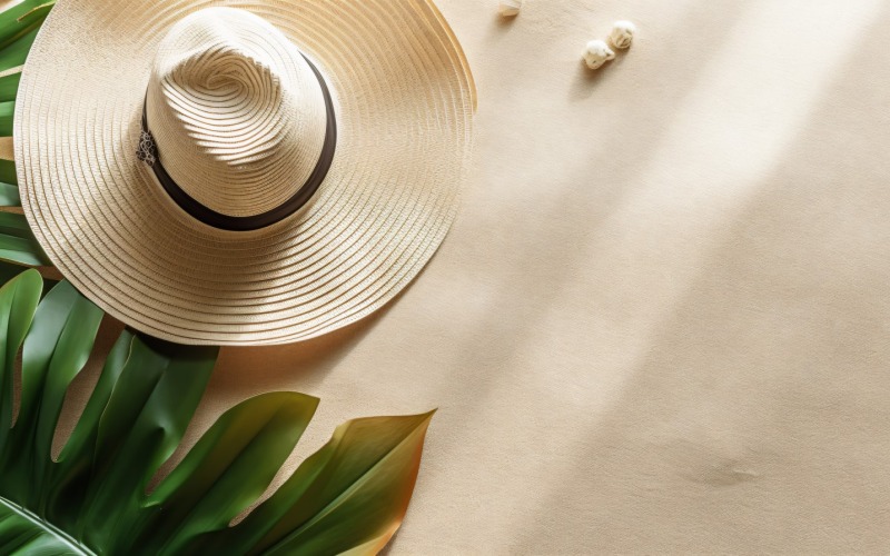 acessórios de praia chapéu óculos de sol conchas e folha monstera 155
