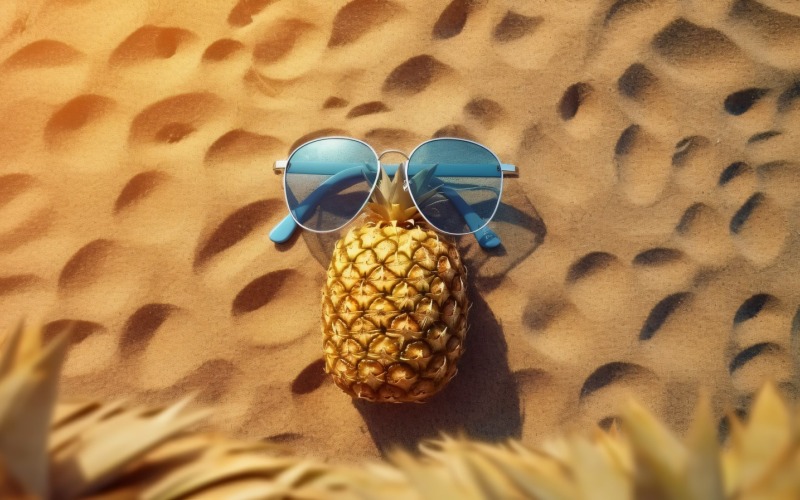 Ananas tagliato a metà e un occhiale da sole tenuto sulla sabbia 163