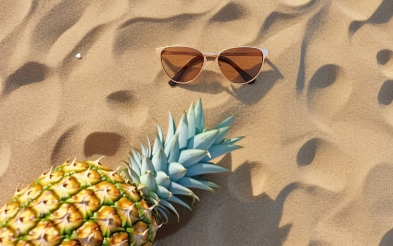 Ananas tagliato a metà e un occhiale da sole tenuto sulla sabbia 175