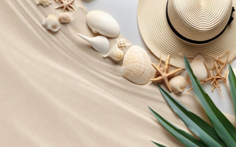 beach accessories hat sunglasses seashells and monstera leaf 154