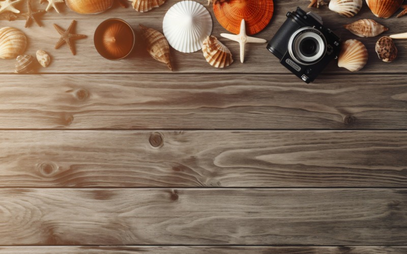 Beach accessories starfish and seashell on wooden background 215