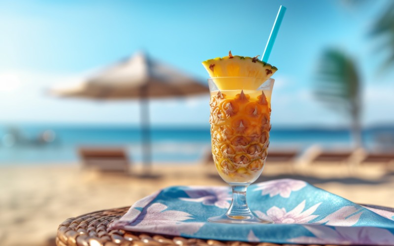 bebida de abacaxi em copo de coquetel e cena de praia de areia 144