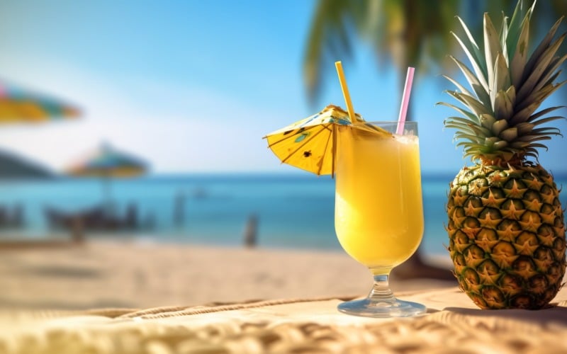 bebida de piña en copa de cóctel y escena de playa de arena 143