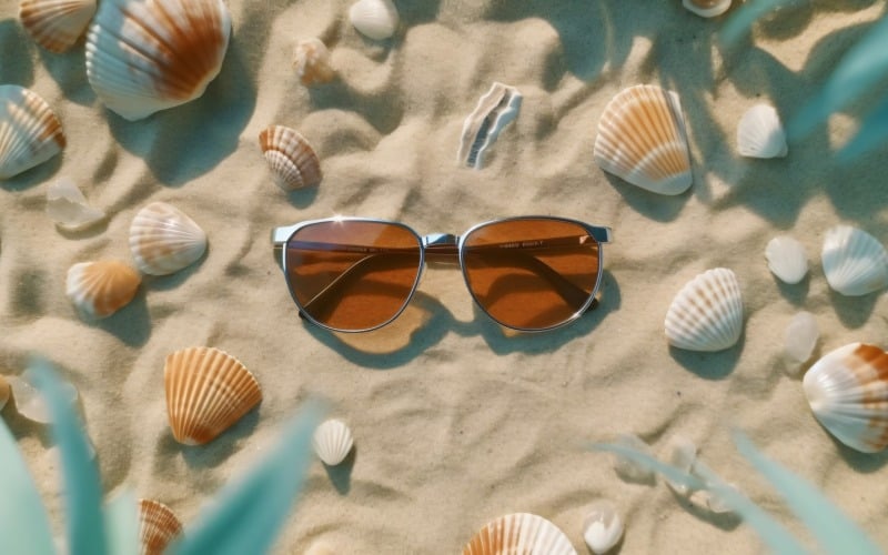 Coquillages de lunettes de soleil et accessoires de plage sur la plage de sable 188
