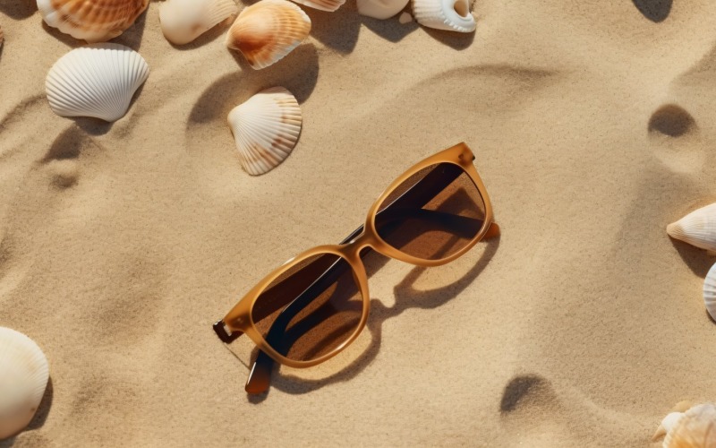 Gafas de sol conchas y accesorios de playa en la playa de arena 193