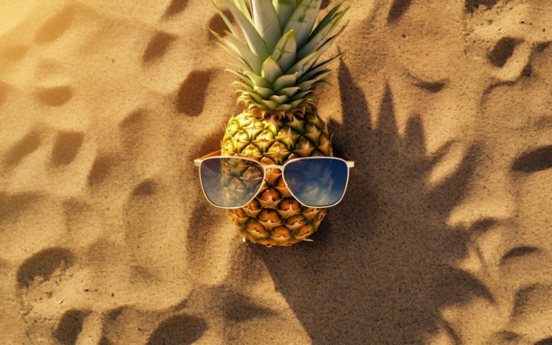 Gehalveerde ananas en een zonnebril op het zand 166
