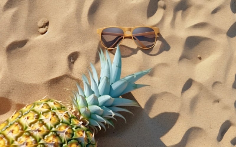 Halbierte Ananas und eine Sonnenbrille auf dem Sand 167