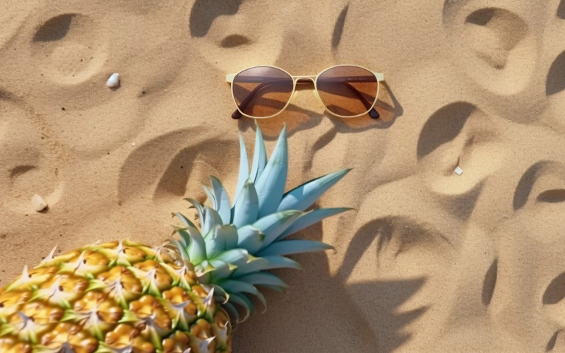Halbierte Ananas und eine Sonnenbrille im Sand 176