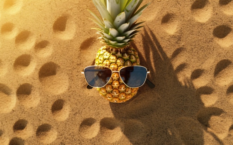 Halverad ananas och ett solglasögon förvaras på sanden 174