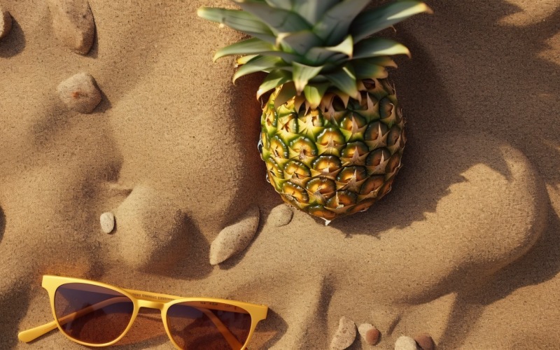 Halverad ananas och ett solglasögon förvaras på sanden 183