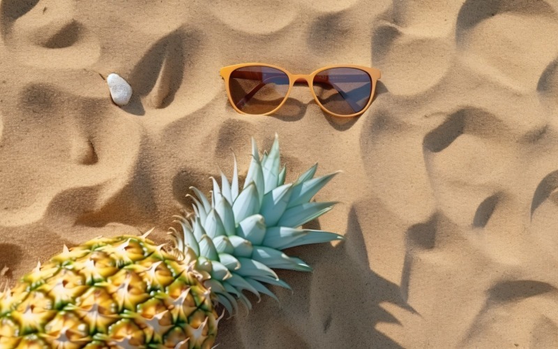 Halverad ananas och ett solglasögon förvaras på sanden 184