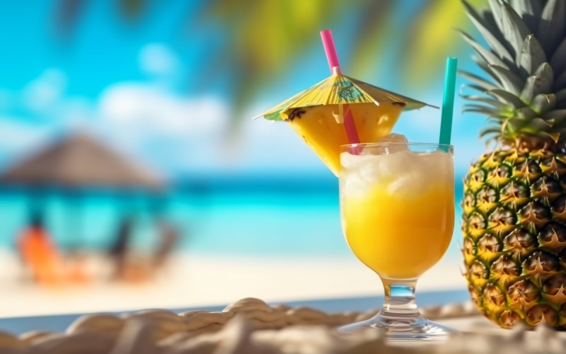 kokteyl bardağında ananas içeceği ve kum plaj sahnesi 113
