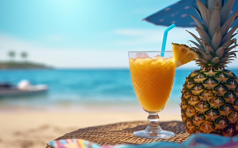 kokteyl bardağında ananas içeceği ve kum plaj sahnesi 127