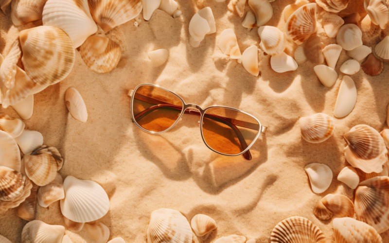 Lunettes de soleil coquillages et accessoires de plage sur plage de sable 196