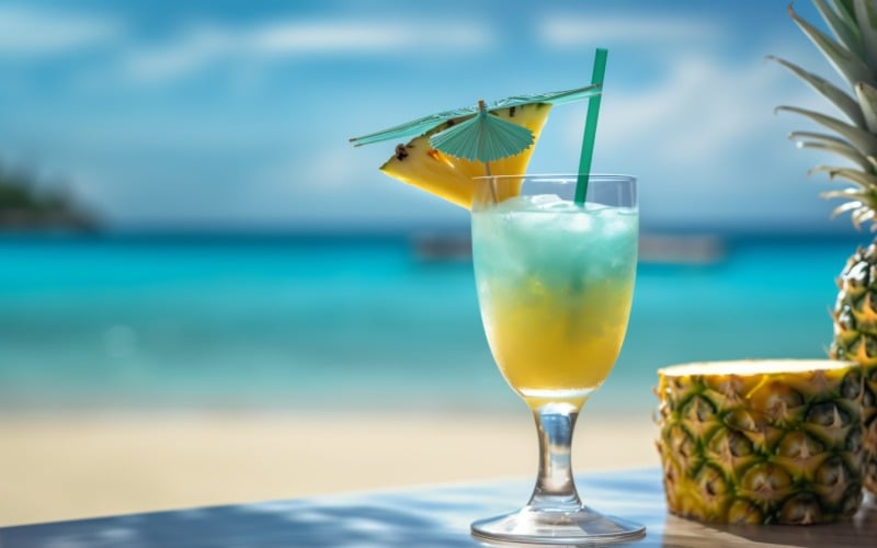 napój ananasowy w kieliszku koktajlowym i scena na piaszczystej plaży 126