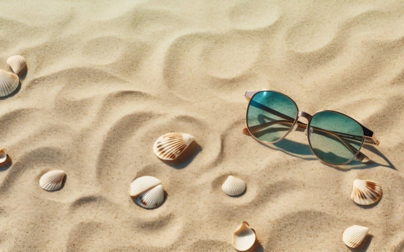 Occhiali da sole conchiglie e accessori da spiaggia sulla spiaggia sabbiosa 200