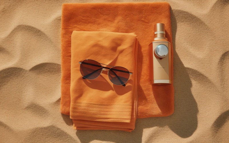 Pilha de toalhas, óculos de sol e frasco de óleo bronzeador 201