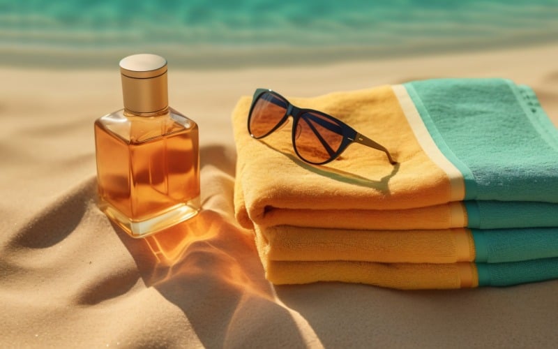 Pilha de toalhas, óculos de sol e frasco de óleo bronzeador 204