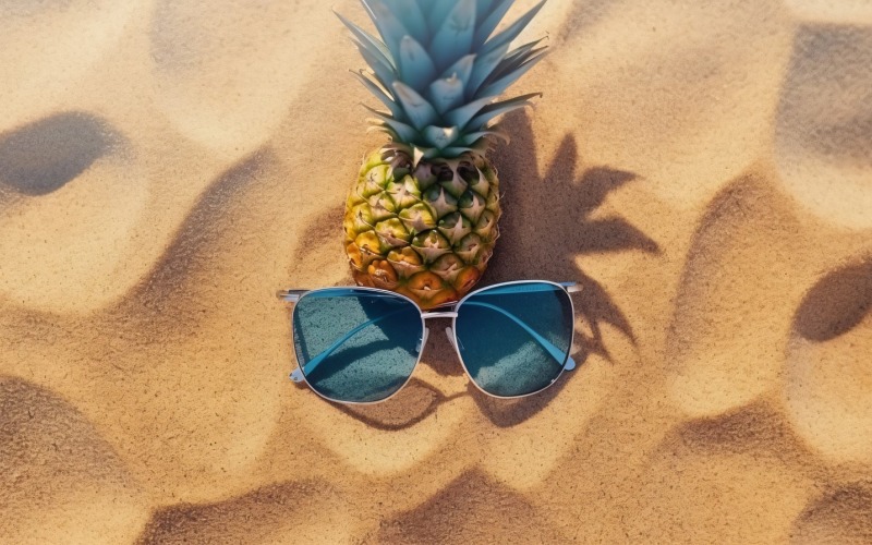 Piña partida por la mitad y gafas de sol guardadas en la arena 171