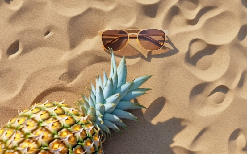 Piña partida por la mitad y gafas de sol guardadas en la arena 178