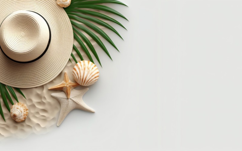 plážové doplňky klobouk sluneční brýle mušle a monstera leaf 152