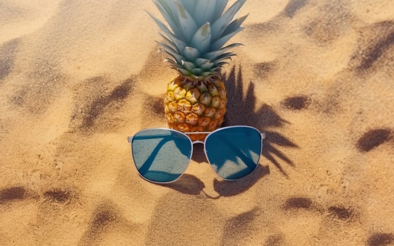 Rozpůlený ananas a sluneční brýle na písku 177
