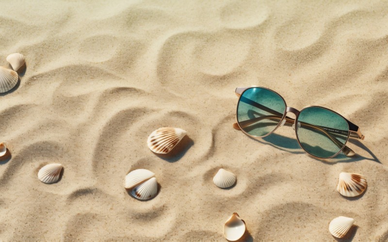 Solglasögon snäckskal och strandtillbehör på sandstrand 200