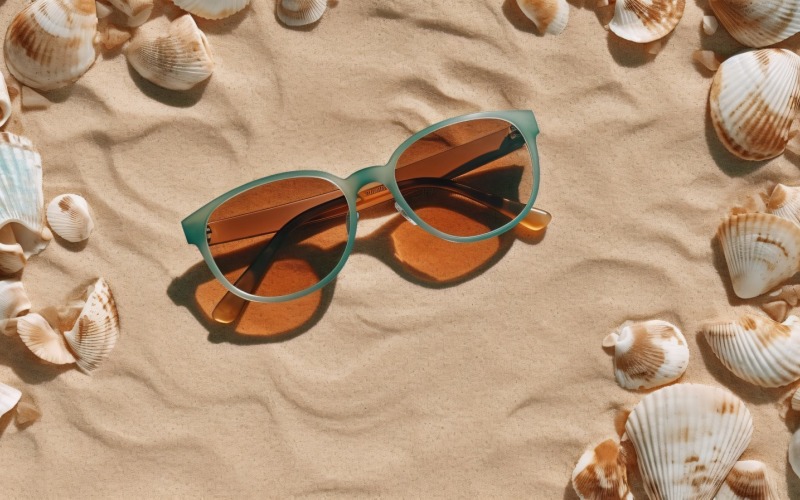 Sonnenbrillen, Muscheln und Strand-Accessoires am Sandstrand 191
