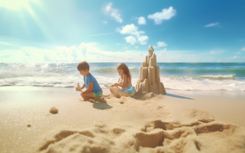 孩子们在海滩玩沙子场景 237