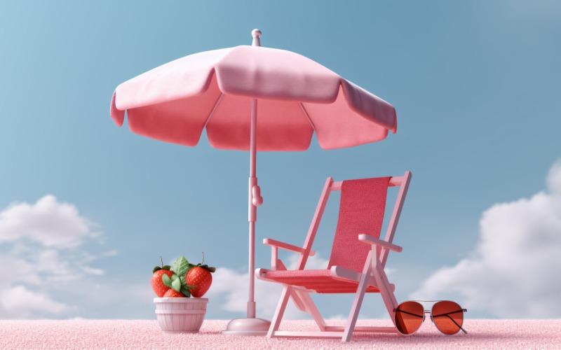 Пляжный летний шезлонг на открытом воздухе с розовым зонтиком 238