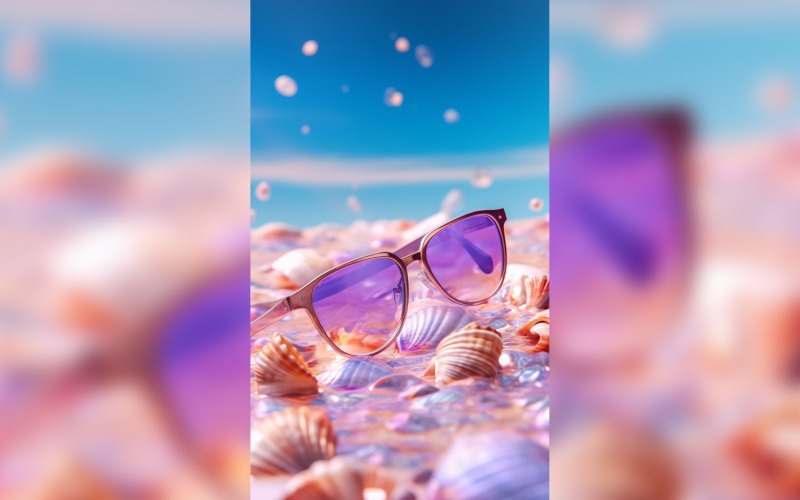Gafas de sol de playa y conchas marinas cayendo fondo de verano 302