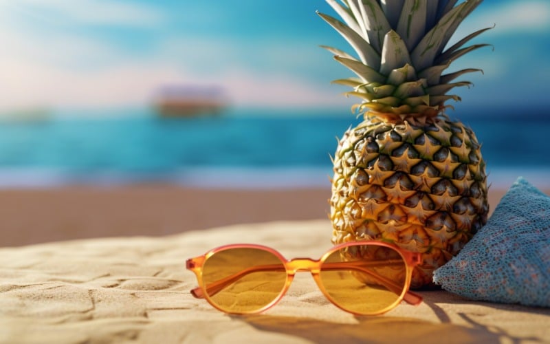 Boisson à l'ananas dans un verre à cocktail et scène de plage de sable 404