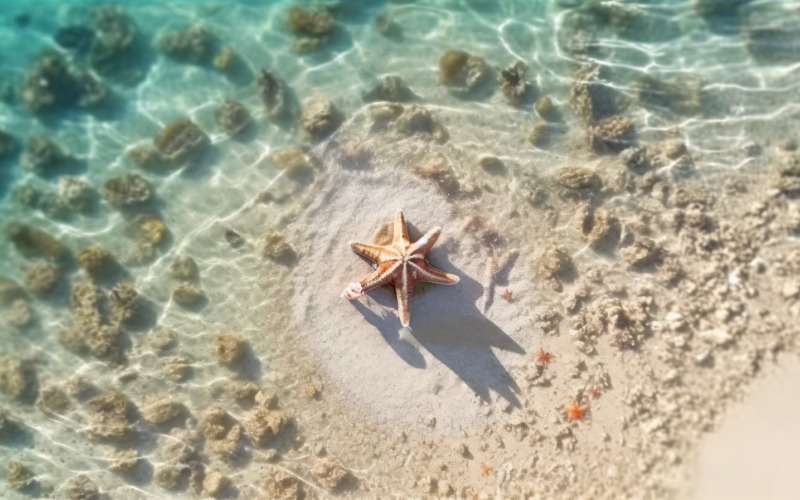 Estrellas de mar y conchas en la playa de arena en agua de mar 376