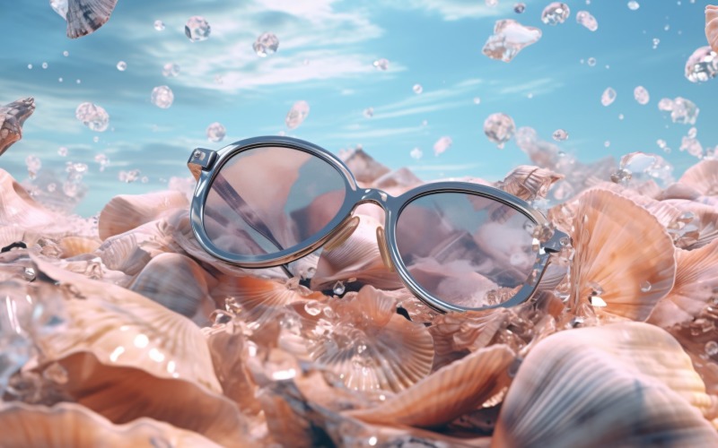 Gafas de sol de playa y conchas marinas cayendo fondo de verano 329