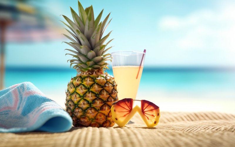 Kokteyl bardağında ananas içeceği ve kum plaj sahnesi 406