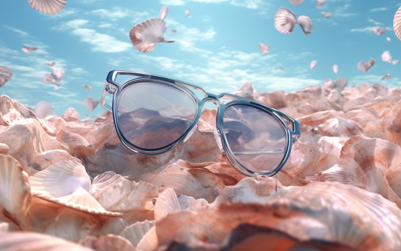 Occhiali da sole da spiaggia e conchiglie che cadono sullo sfondo estivo 318