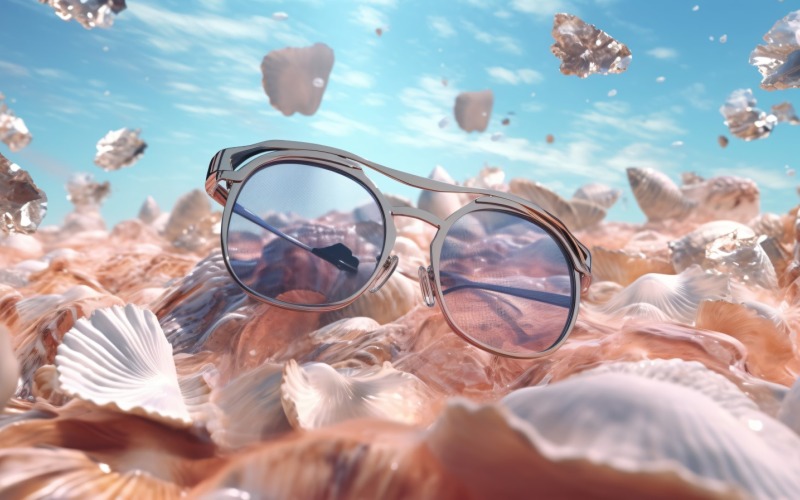 Óculos de sol de praia e conchas caindo no fundo do verão 310