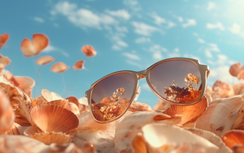 Óculos de sol de praia e conchas caindo no fundo do verão 323