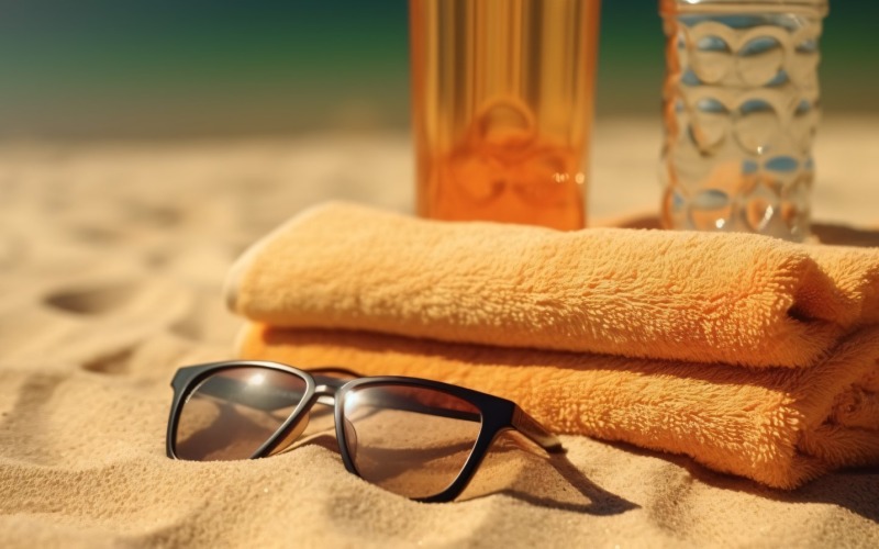 Pila de toallas, gafas de sol y botella de aceite bronceador 362