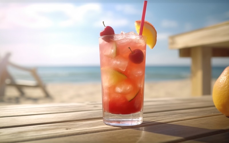 Playa de arena de verano con bebida helada de frutas 347