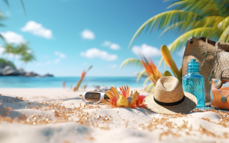 Playa tropical con accesorios para tomar el sol, vacaciones de verano 393