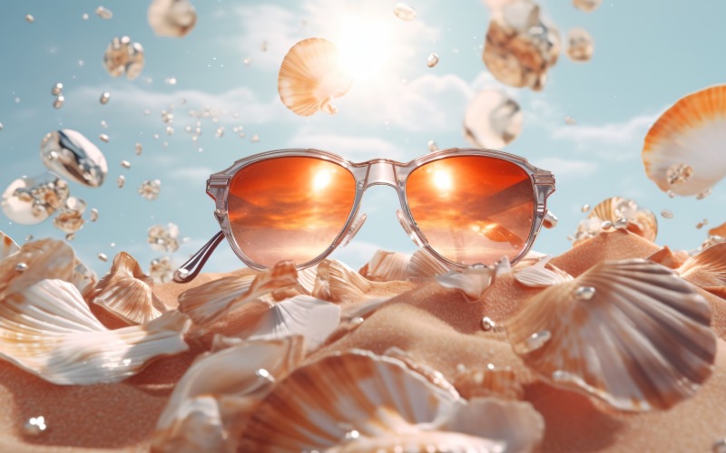 Пляжні сонцезахисні окуляри та черепашки, що падають влітку, фон 312